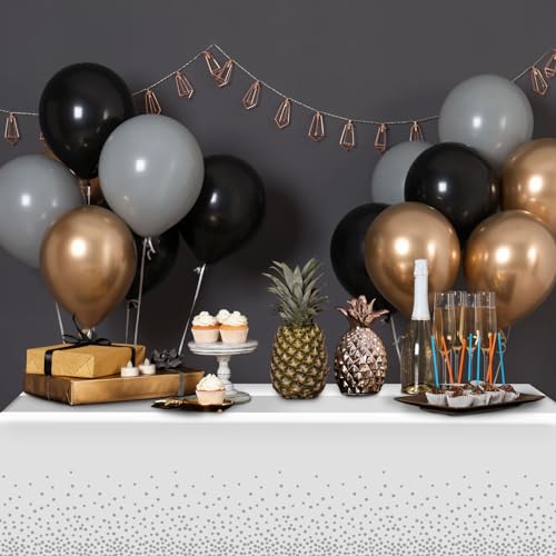 Image of 3Pcs White and Silver Tablecloth Party Decorations,Plastic White Table Cloth Printed Silver Runner Disposable Rectangle Table Cover for Birthday Wedding Anniversary Graduation Party,54 x108 Inch