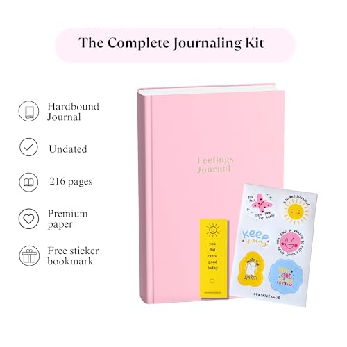 Image of Sunshine Club Feelings Journal Guided Journaling Kit | 4 Month Undated Wellness Journal | Guided Prompts for Self-Love, Build Confidence & Mindful Growth | Free Stickers & Bookmark | Pink Colour