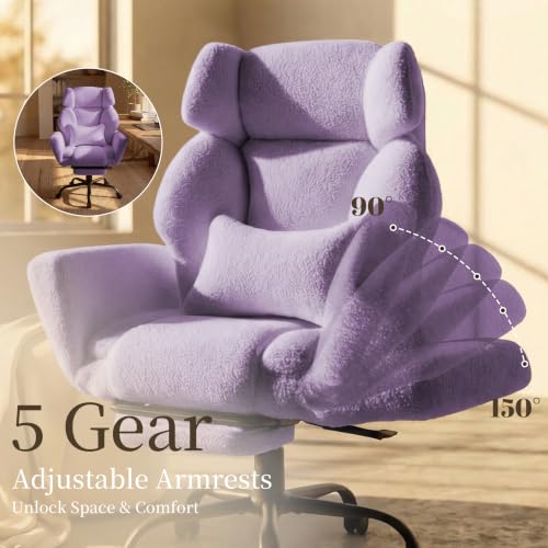 Image of Office Chair with Flip Armrests,Comfy Criss Cross Chair for Pets Sitting,Big and Tall Office Chair with Foot Rest,Extra Wide Seat & Lumbar Pillow,Ergonomic Computer Gaming Chair,Teddy Fleece,Purple