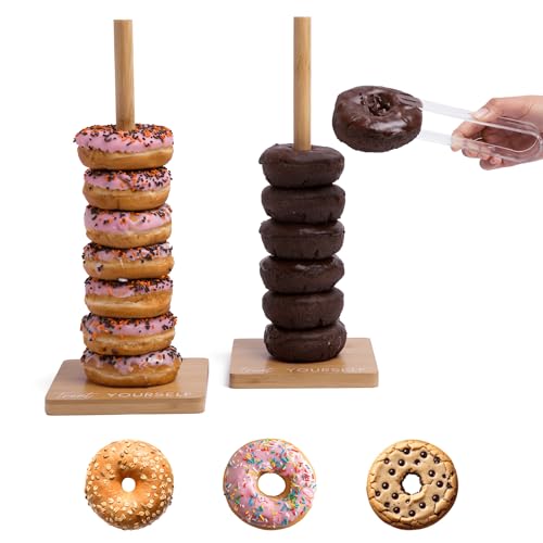 Bamboo Donut Stands for Dessert Table, Set of 2 w/ Tongs, Donut Holder Stand Party, Multipurpose Bagel Holder, Trendy Display for Party, Stylish Bagel Tower, Perfect Brunch Display, Sweet Birthday