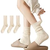MANGMAO 3 Pairs Crew Socks for Women Cute Fall Knit Cotton Socks Crochet Aesthetic Long Slouch Socks Gifts for Women (Beige-3 Pack,One Size,One Size)