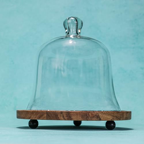 Image of Candy Cloud Acacia Wood Cake stand with Glass Dome | Multipurpose Dessert & Cupcake Display | Serving Cake Plate with Dome Lid | Pastry Stand