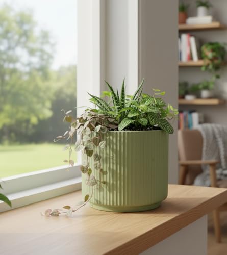 Image of Xtore Verdantique Ceramic Ribbed Planter | Soft-Tone Desk & Shelf Plant Pot for Home and Office - (Green, 1 Piece, Planter ONLY)