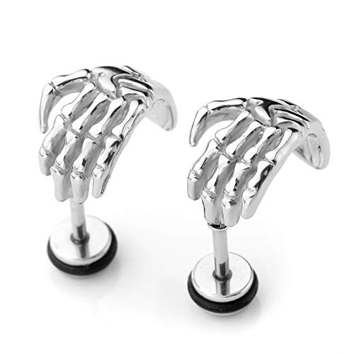 4PCS Skull Ghost Head Skeleton Claw Bat Earring Flat Back Screw On Cool Ear Lobe Studs Cartilage Helix Piercing Set Women Men 16G Post2