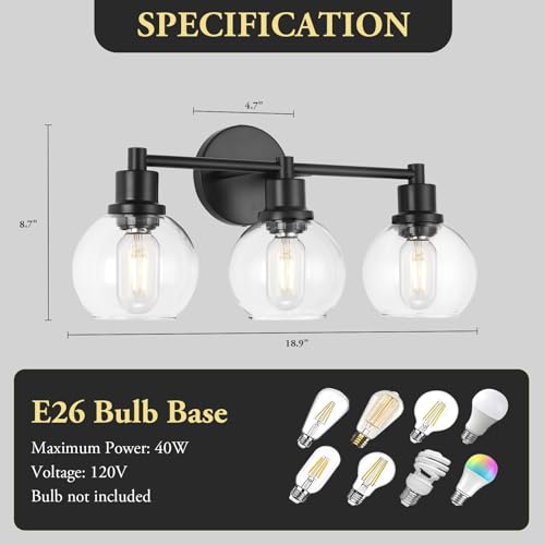 Image of Bathroom Vanity Light 3 Light, Black Bathroom Light Fixtures with Clear Globe Glass Shade, Matted Black Wall Sconce Over Mirror for Kitchen, Living Room