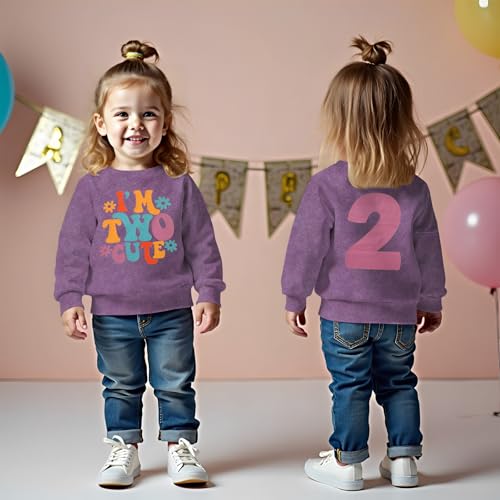 BOUTIKOME 2. Geburtstag Sweatshirt für Mädchen “I’m Two Cute” Drucker Pullover Zweiter Geburtstags Kinder Outfits Schwesterchen Rundhals Langarmshirt Herbst Winter Babykleidung(Lila,2 Jahre)