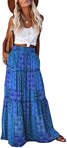 EARKOHA Womens Casual High Waist Tiered Paisley Print Long Maxi Skirt with Pockets Blue