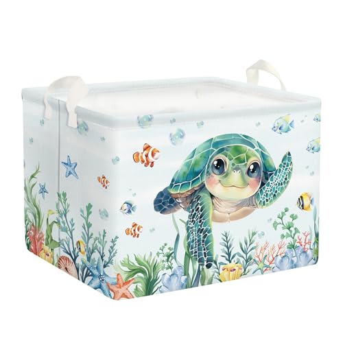 Image of Clastyle Large Fish Sea Turtle Baby Basket Ocean Coral Seaweed Starfish Toy Book Shelf Basket Waterproof Pool Toy Beach Towel Storage Bin Collapsible Dirty Clothes Hamper, Blue, 40*30*30 cm