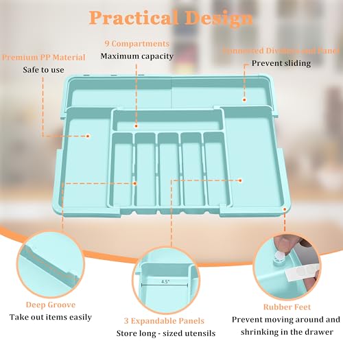 Silverware Organizer Expandable Kitchen Utensil Drawer Organizer Large BPA Free Adjustable Cutlery Silverware Tray for Spoons Forks Knives Storage Divider for Kitchen Flatware 6-9 Slots Turquoise