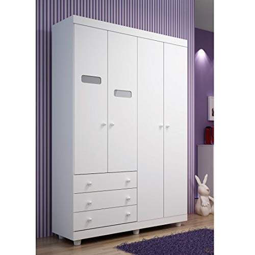 Guarda-roupa Roupeiro Infantil 100% MDF 3 Gavetas e 4 Portas - Bom Pastor Slim - Branco