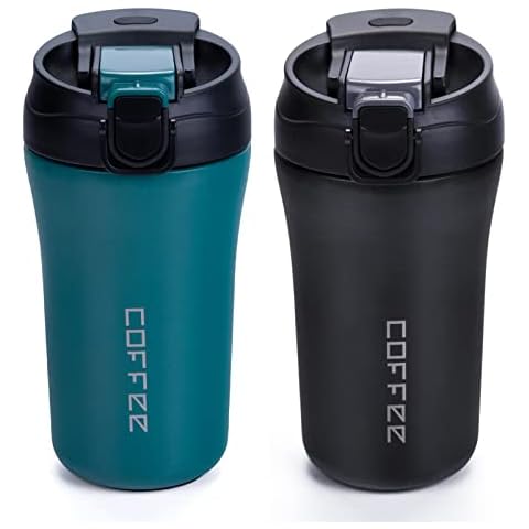 Coffee Cup, Travel Coffee Mug 400ml x 2 Pack, Vacuum Insulated Stainless Cups with Lids and Straws, Reusable Leakproof Bottle for Hot Cold Drinks, Car Thermos Gift for Men and Women, Black Green Cover