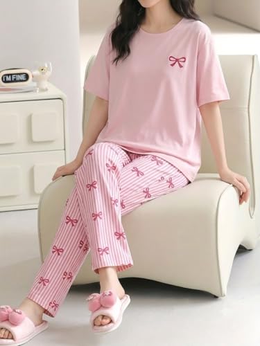 Image of SHIENZY Women Korean Style Night Suit | Round Neck Short Sleeve Cute Printed Cotton Pajama Set for Girls & Women | Soft Nightwear, Loungewear, Sleepwear for Women | Full Pyjama Set | Co-ord Set