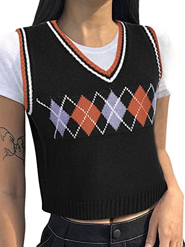 YOINS Womens Sweater Vest Diamond Check Sweater Vest Y2K Argyle Plaid Crop Knit Sleeveless Sweaters V Neck Streetwear Preppy Style Tank Tops