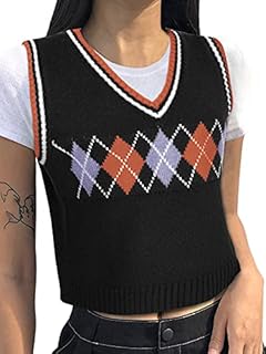 YOINS Womens Sweater Vest Diamond Check Sweater Vest Y2K Argyle Plaid Crop Knit Sleeveless Sweaters V Neck Streetwear Preppy Style Tank Tops