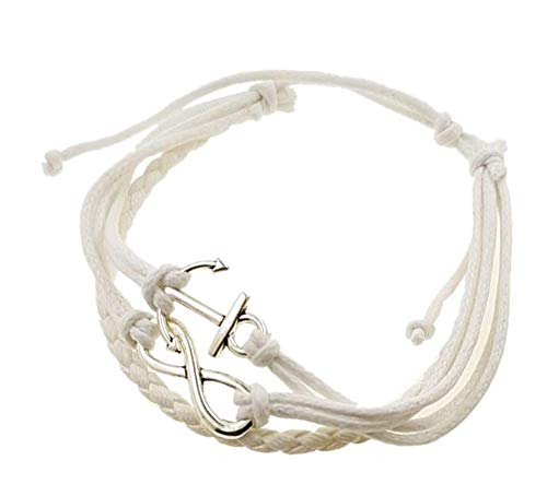 DP Designu00ae - Pulsera de piel para hombre y mujer, muñequera, cuerda trenzada, color blanco, símbolo de infinito y ancla, B19