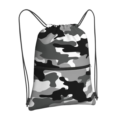 Image of Black White Camo Drawstring bag, Camouflage Men Camping Gym Drawstring Backpack, Women Outdoor Sports Travel Sackpack Bag with Front Zipper Pocket and Inside Zipper Pocket - Can Keep Key or Phone