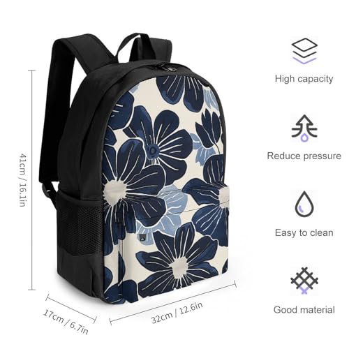 Navy Blue Flowers Casual Backpack 16.1 Inch Laptop Bag Waterproof Travel Daypack With Compartments Unisex Bookbag2
