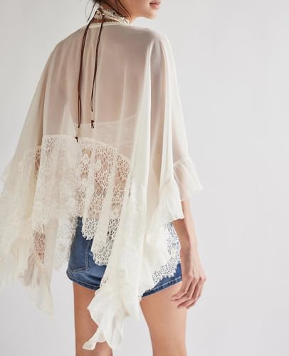 Women Sheer Poncho Top Y2K Oversized V Neck Batwing Sleeve Cover Up Blouse Fairy Lace See Through Mesh Flowy Top3