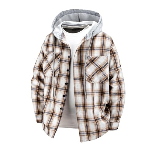 Men'S Hoodies Plaid Button Hooded Dress Shirts Big And Tall Fall Casual Patchwork Long Sleeve Coat Drawstring Hoodie