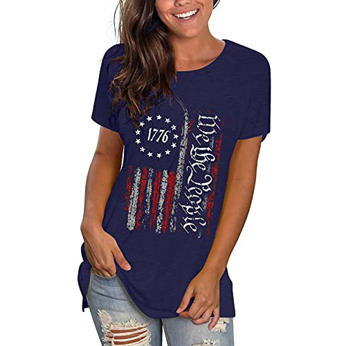 Patriotic Shirts for Women 1776 USA Flag Vintage Graphic Tshirts Independence Day Short Sleeve Tops Navy