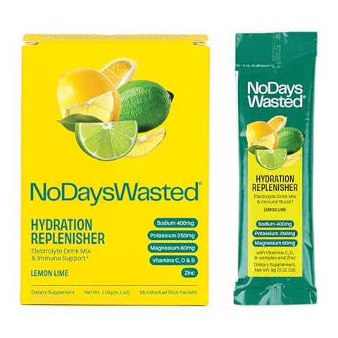 No Days Wasted Hydration Replenisher 15 Count - Electrolyte Powder Drink Mix - Lemon Lime - Sodium and Potassium for Rehydrating Plus Vitamins for Support (15 Count) Cover