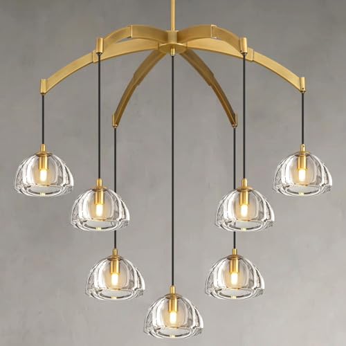 Joyunleo Modern Gold Chandelier, 34" Round Brass Chandelier with 7 Light Hemisphere Glass Shades, High Ceiling Luxury Hanging Light Fixture for Dining Room, Foyer & Living Room, Bedroom