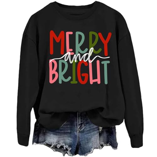 Image of Merry and Bright Christmas Sweatshirt for Women Crewneck Sweatshirts Holiday Xmas (US, Alpha, X-Large, Regular, Regular, Black)