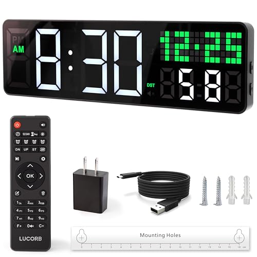 LUCORB Gym Clock with Seconds 12 Digital Wall Clock for Home Gym - Remote Control Workout Clock with HIIT Countdown Voice Prompt 5 Display Modes 4 Training Alarms for Garage Classroom Office