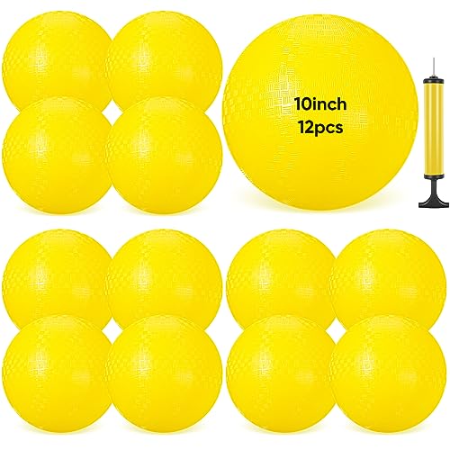 Sumind 12 Pcs 10 Inch Playground Ball Inflatable Kickballs Bouncy Dodgeball for Kids and Adults,Handball with Air Pump and 2 Mesh Drawstring Bags for Ball Games, Gym, Outdoor, School (Yellow)