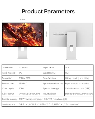 Image of P27Z 27'' 5K Glossy Monitor, Dual Mode Monitor UHD 180Hz / FHD 2K 330Hz, IPS Panel, 10-Bit Color, 99% sRGB, 98% DCI-P3, 218PPI, HDR, 1ms, 1500:1 (Minimalist - with Stand x2)