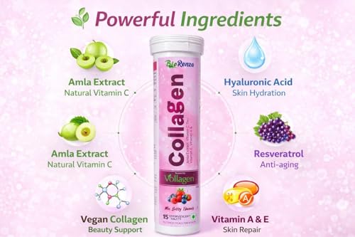 Image of Collagen Effervescent Tablets For Skin Glow | With Vitamin C, Hyaluronic Acid & Resveratrol | Mix Berry Flavor | Skin Hydration & Anti-Aging Support | Vegan Beauty Supplement For Women & Men | 15 Tablets Each (Pack Of 6)