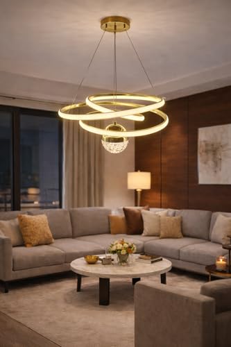 Image of Premium Infinity Loop LED Stylish Gold Finish with 3 Different Color Mode (Warm White, Cool White, Neutral White) Chandelier with Height Adjustable Hanging