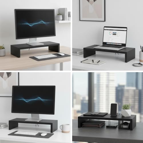 Image of flux Monitor Stand Wooden | Monitor Stand Riser | PC Stand For Desktop Table | Heavy Hold, Non Slip, Material: Particle Board Wooden Black