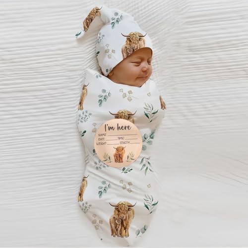 Image of Ylsteed Baby Highland Cow Swaddle Blanket and Headband Set, Newborn Receiving Blanket Swaddle Wrap for Girls and Boys, Swaddling Blankets Neutral for Newborn 32 * 32 in (Highland Cow)