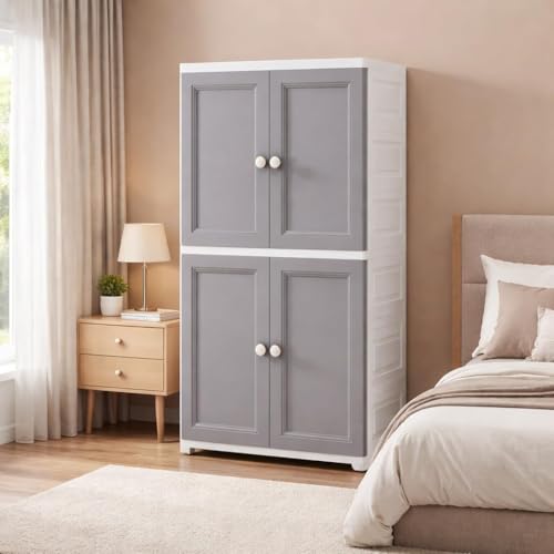 Image of Strassis Design Plastic Wardrobe for Storage - Standing Desk Premium Foldable Wardrobes for Clothes, Collapsible Wardrobe, Cupboard for Storage Drawer (Grey 4 Door)