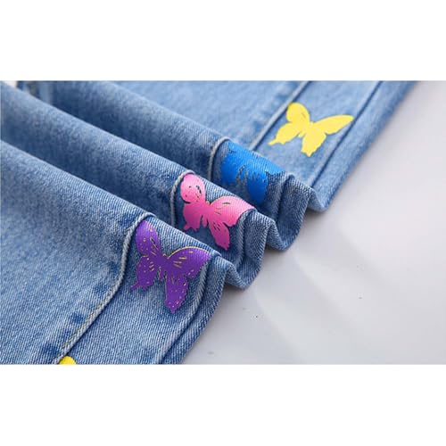Girls Y2k Straight Jeans Elastic Waist Colorful Butterfly Printing Wide Leg Denim Pants Cute Harajuku Fashion Trousers3