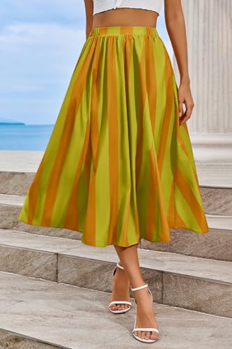 Image of Cicy Bell Womens Summer Striped Maxi Skirts A-Line Beach Vacation Outfits | Elastic Waist, Side Pockets, Flowy, Midi Length, Color Contrast, Trendy Casual