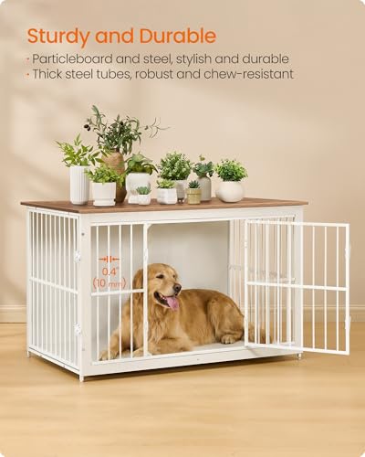Image of Feandrea Wooden Dog Crate Furniture, 48 Inches Heavy-Duty Kennel for Dogs up to 110 lb, with Double Doors and Enclosed Wood Base, Modern Pet Cage End Table Indoor, Rustic White and Honey Brown