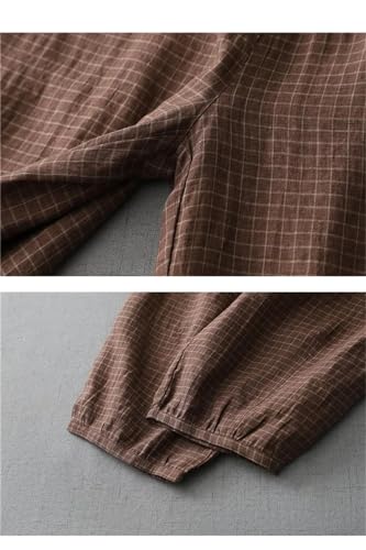 Women Vintage Plaid Wide Leg Pants Linen Pockets Elastic Waist Casual Loose Trousers4