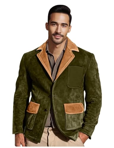 Men's Suede Blazer Jacket with Brown Collar Vintage Patchwork Contrast Sport Coat for Business Casual