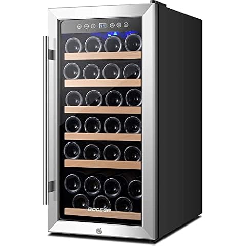 BODEGA Weinkühlschrank, 32 Flaschen 83 Liter, Touch-Bedienfeld, 5-18°C Kühlzone, Abnehmbar Holzauflagen, Weinschrank mit LED-Beleuchtung, Wine Fridge Freistehend Cover