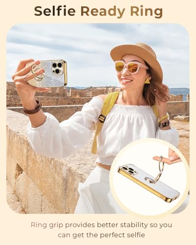 Image of XYZ for iPhone 14 Pro Back Cover Case with Stand, Phone Case with Double Ring Kickstand, Women Girls Bling Luxury Glitter Clear Phone Case Cover Heart for iPhone 14 Pro, Gold