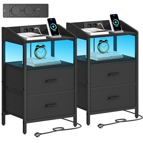 Hzuaneri Table de Chevet Lot de 2, avec Éclairage LED, Table de Nuit avec 2 Tiroirs de Rangement en Tissu, Tables d'appoint avec Ports USB et 2 Prises CA,...