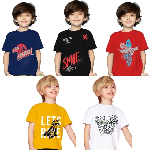 Image of Yazh Texworld Boys Round Neck Blended Cotton T-Shirts | Regular Fit | Half Sleeve | Casual Wear | Trendy | Combo Pack of 5 | Multicolor | Soft, Durable, and Stylish for Everyday use