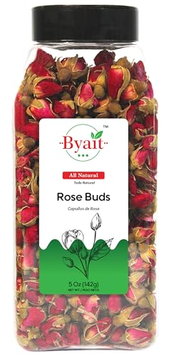 Byait Freeze Dried Rose Buds 5 Oz, Approx. 320 Whole Buds, Natural Edible Culinary Grade, Caffeine-Free Herbal Rose Flower Tea, Great for Beverages, Baking, Crafting, and Soap Making