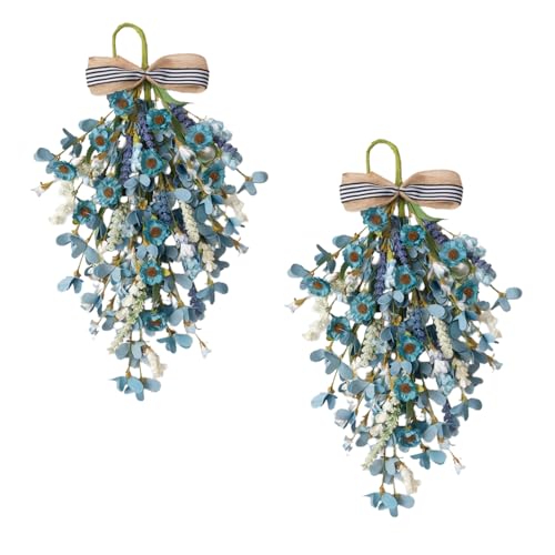 Bibelot Blue Teardrop Swag 22 Inch, 2Pcs Artificial Spring Summer Swag Decor with Blue White Flowers for Front Door, Wall, Window, Farmhouse Wedding & Home Decor