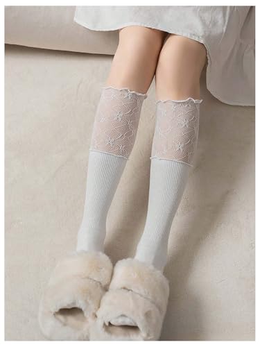 Image of RoseSeek Women's Floral Lace Ribbed Knit Socks Thigh High Over Knee Leg Warmer Stockings