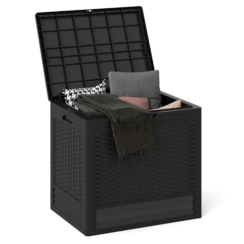 GIANTEX 96L Gartenbox, wasserdichte Auflagenbox für In- & Outdoor, abschließbarer Aufbewahrungsbox Rattanoptik, Kissenbox für Paketlieferung, Poolzubehör & Gartengeräte (Schwarz)