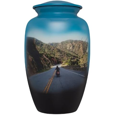 Extra Large Urn - up to 350 pounds – Liliane Memorials Motorcycle Funeral Urn with Mountain Scene - Extra Large Size 13 inches in Height – Suitable for Cemetery Burial or Niche Cover