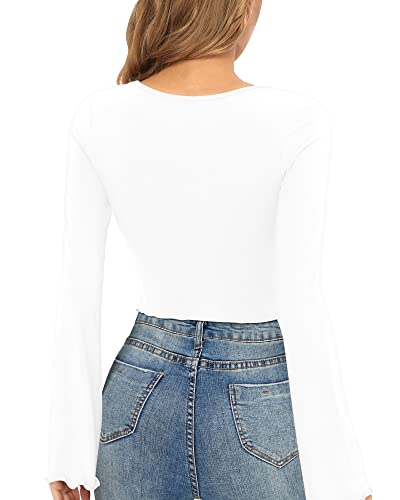 CLOZOZ Bell Sleeve Crop Tops for Women Square Neck Long Flare Sleeve Lettuce Trim Shirts Slim Fitted Sexy Casual Trendy Tops3